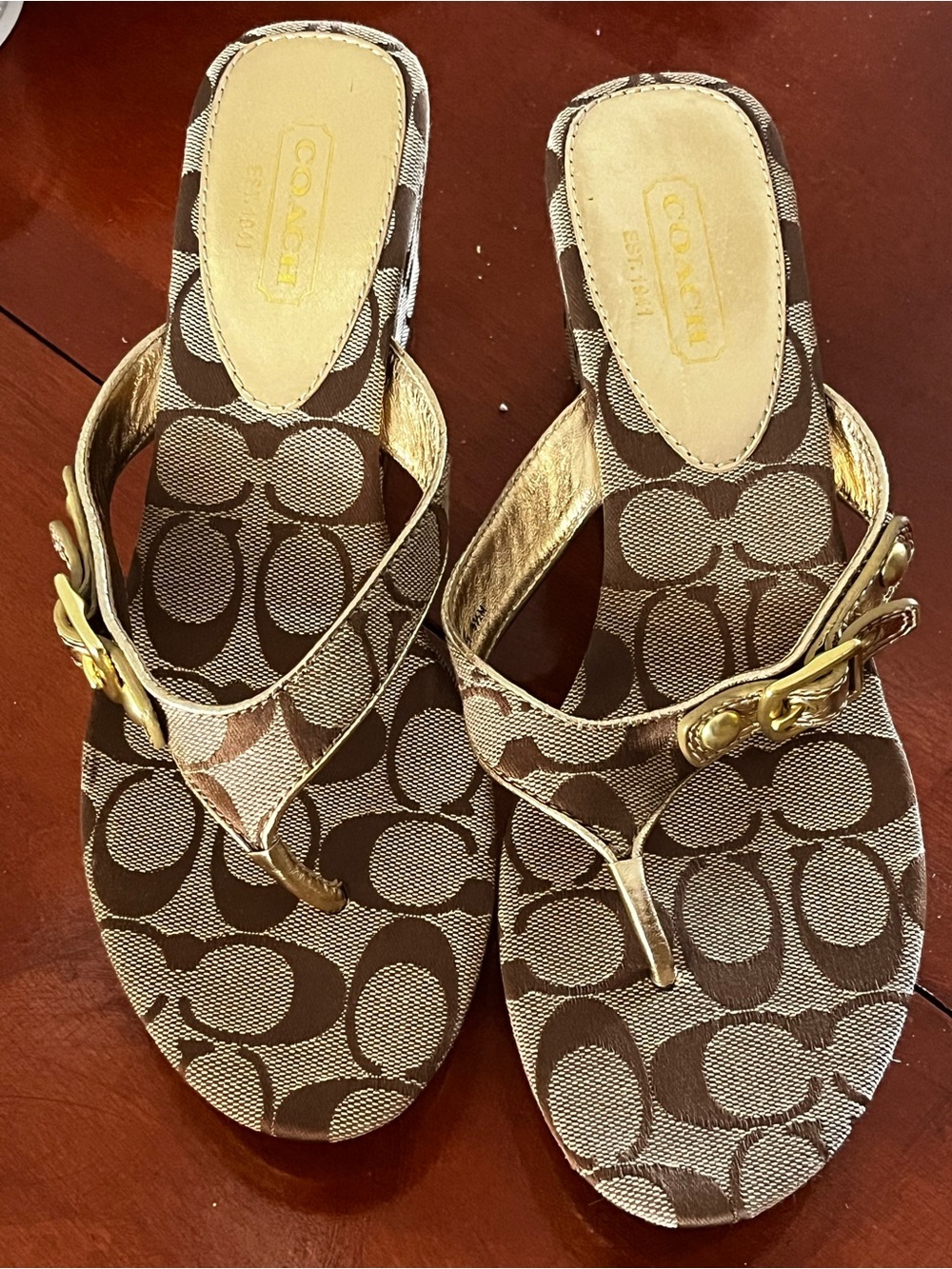 Coach Brown Signature Canvas Thong Sandals with Gold Accents